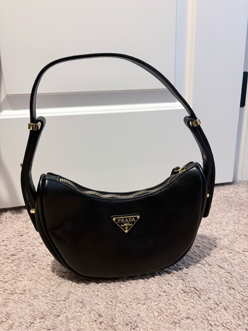 Prada Black Leather Crescent Shoulder Bag with Gold Hardware